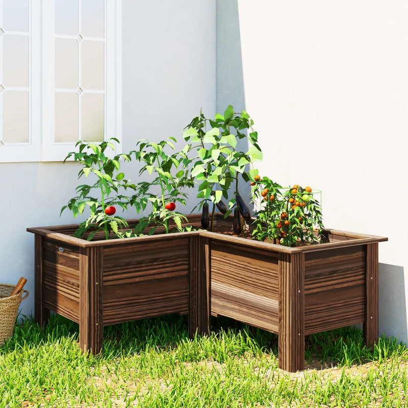 Raised Garden Bed, Wooden Elevated Planter Box Outdoor with Legs, for Vegetables, Flowers, Herbs, L-shaped, Carbonized