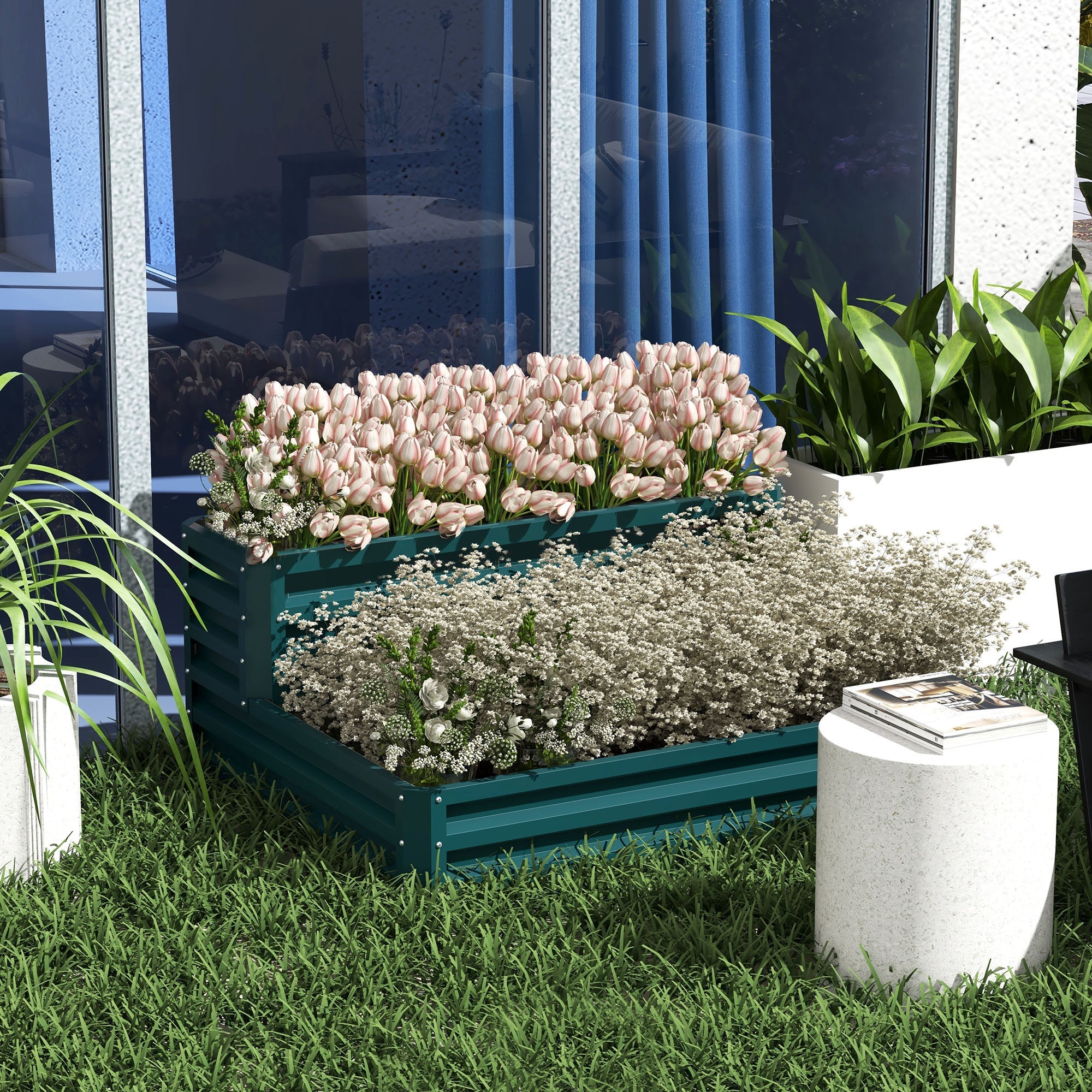 Outsunny 2-Tier Galvanized Raised Garden Bed: 47"x40"x23" Steel Planter Box for Veggies, Flowers & Herbs in Green 