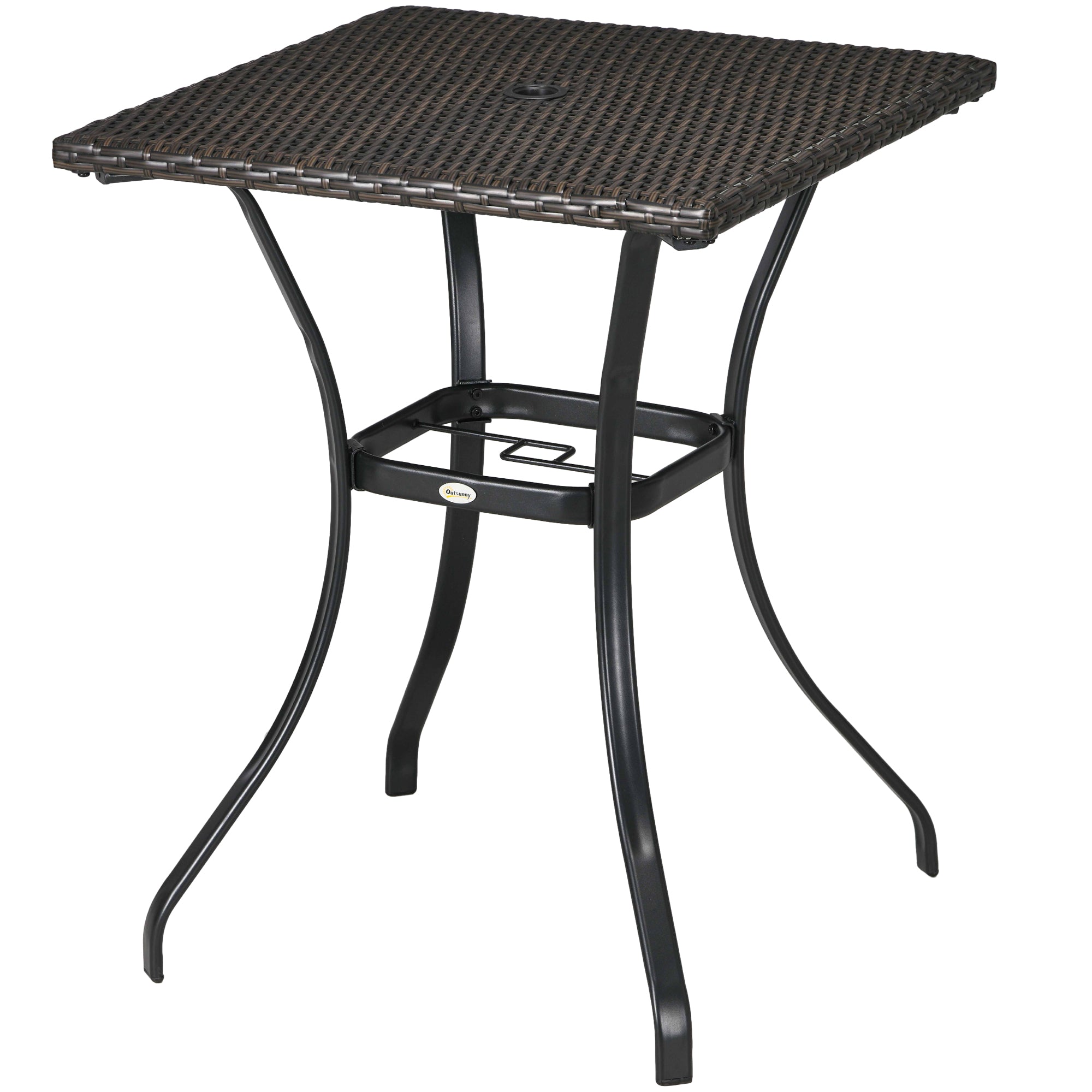 Outsunny Wicker Patio Dining Table with Umbrella Hole Outdoor Rattan Coffee Table for Garden Balcony Mixed Brown 