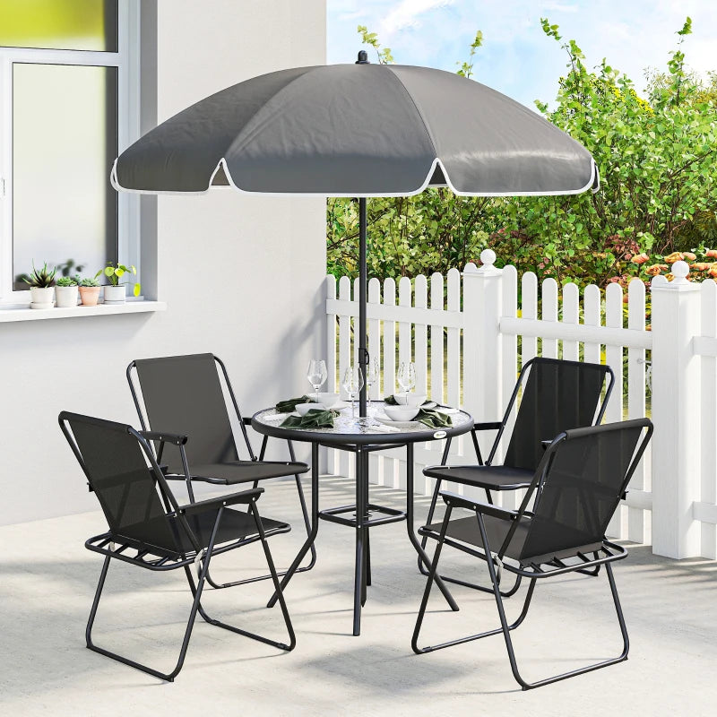 6 Pieces Patio Dining Set with Umbrella, Patio Furniture Set with Folding Chairs, Glass Table for Garden Backyard, Black