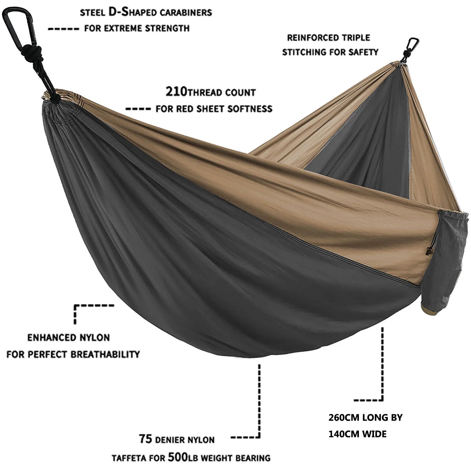 Solid Color Parachute Hammock - Double Person with Straps and Carabiner, Outdoor Camping & Travel Furniture