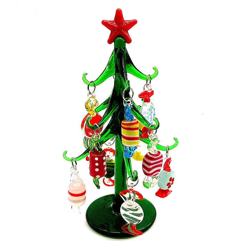 Custom Handmade Murano Glass Christmas Tree Figurines Ornaments With 12pcs Colorful Candy Pendant Home Desktop Decor Accessories