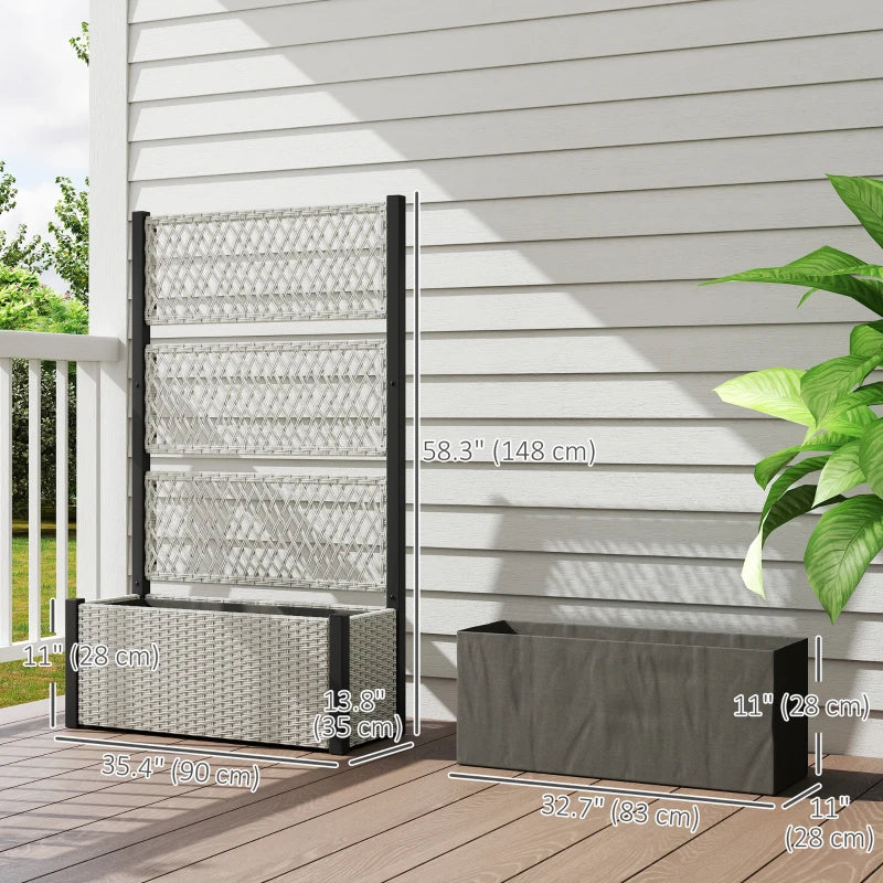 Wicker Outdoor Planter with Trellis, 58" Standing Garden Bed with Liner, Drainage Holes for Climbing Plants, Mixed Grey