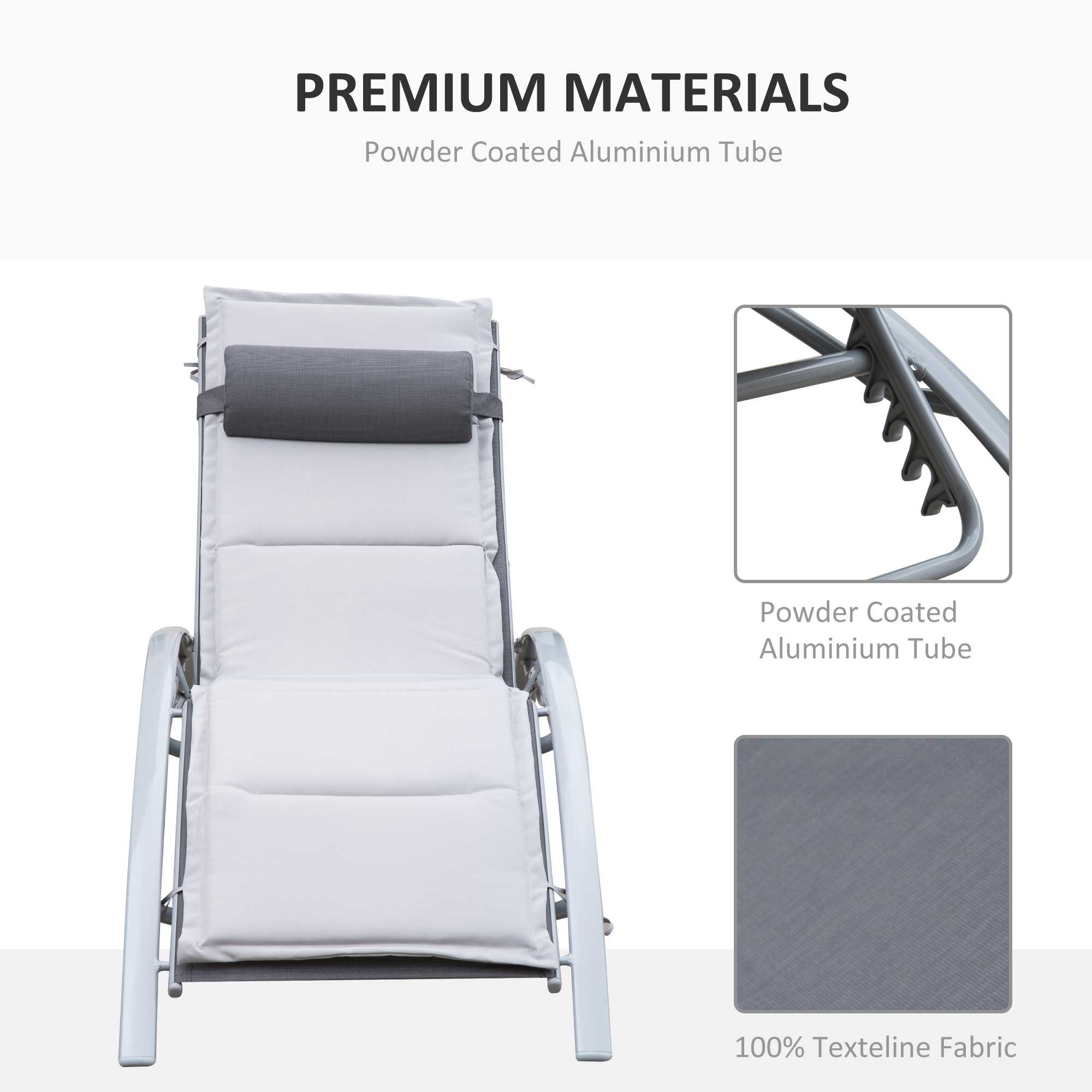 Outsunny Patio Tanning Chair with Cushion Grey Aluminum 5-Level Adjustable Backrest and Head Pillow 