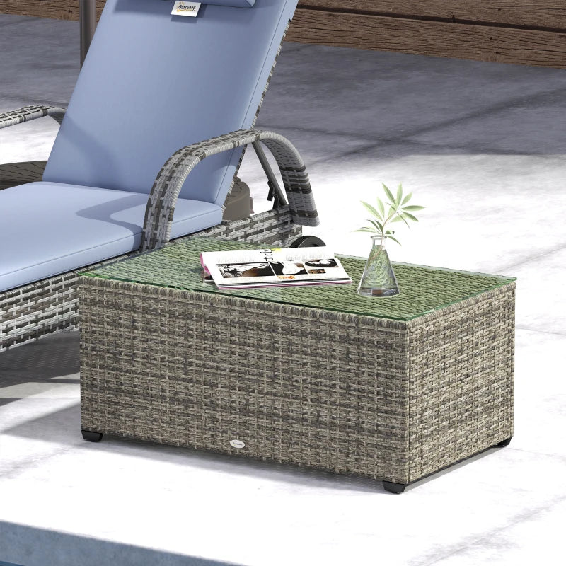 Wicker Outdoor Coffee Table, PE Wicker Rectangular Patio Table with Tempered Glass Top for Garden, Balcony, Dark Grey