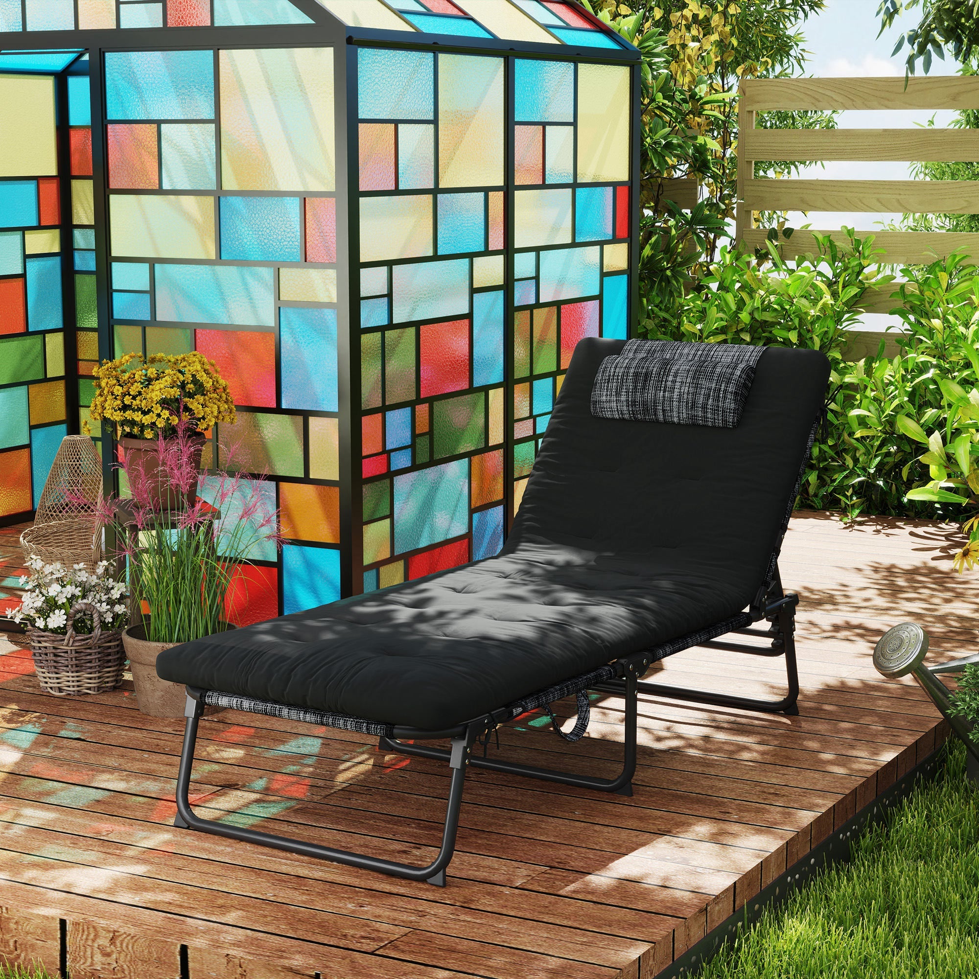 Outsunny Folding Lounge Chair with 4-level Reclining Back & Cushion, Black 