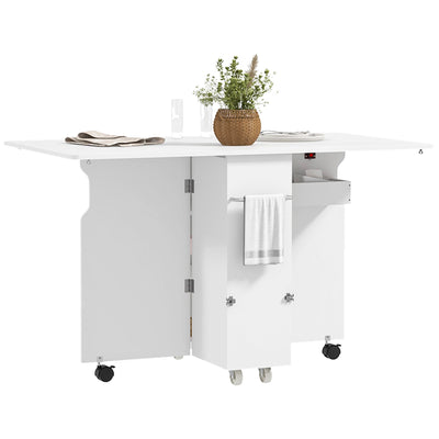 HOMCOM Folding Dining Table with Storage, Drop Leaf Kitchen Table on Wheels with Box, Shelves and Towel Racks, White 