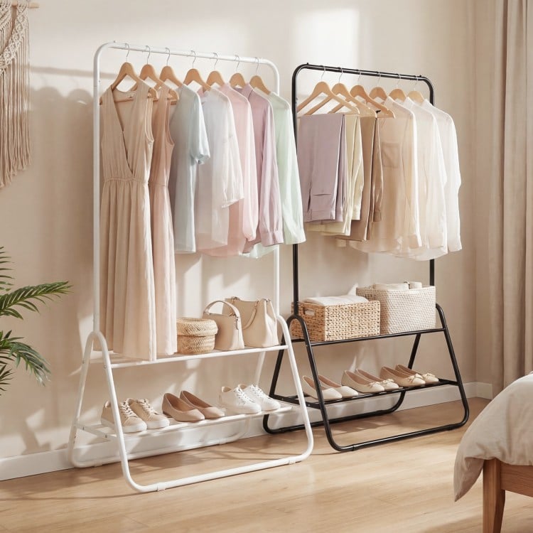 Heavy Duty Clothes Rack with Hanging Rod and Storage Shelves-Black