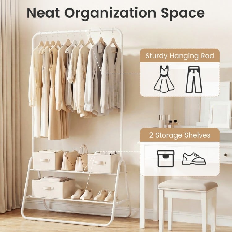 Heavy Duty Clothes Rack with Hanging Rod and Storage Shelves-White