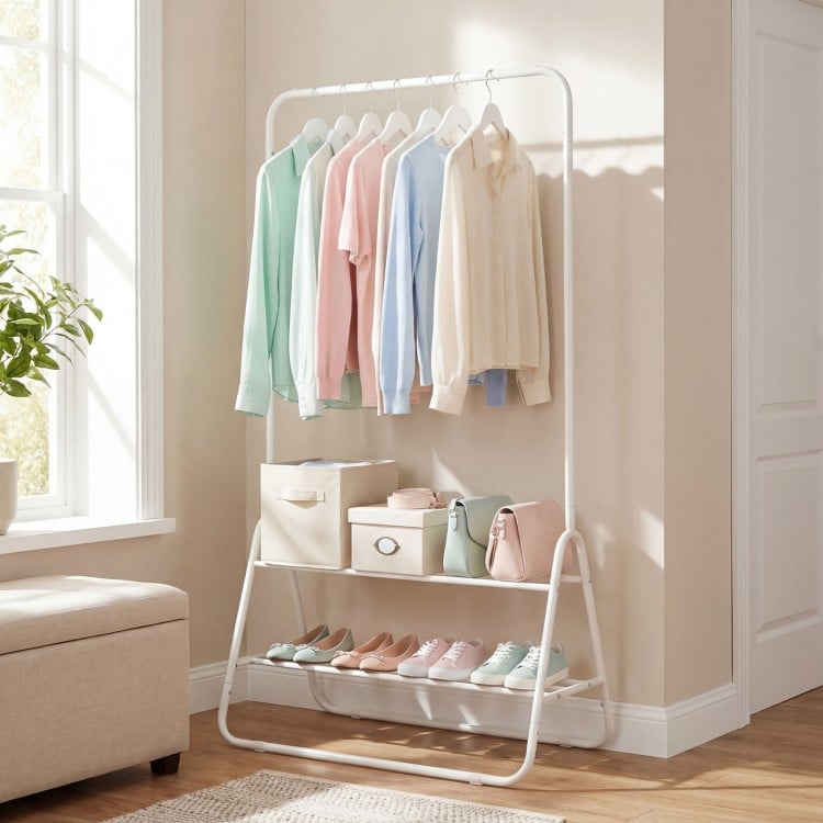 Heavy Duty Clothes Rack with Hanging Rod and Storage Shelves-White