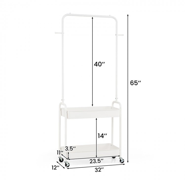 Heavy-Duty Laundry Cart with Hanging Rod and 2 Storage Baskets for Bedroom-White