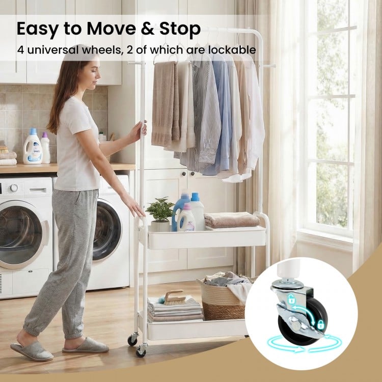 Heavy-Duty Laundry Cart with Hanging Rod and 2 Storage Baskets for Bedroom-White