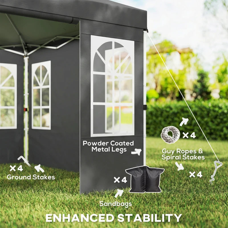 9.6 x 9.6 ft Pop Up Canopy Tent with 4 Sidewalls, UPF 50+ 1-Button Push Easy Setup Outdoor Instant Canopy, Dark Grey