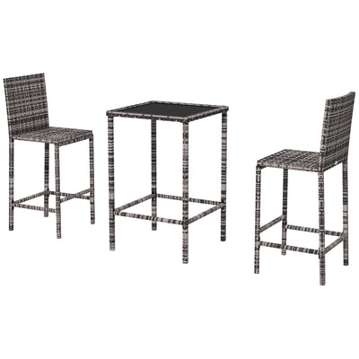 Outsunny 3 Piece Patio Bar Set Wicker Rattan Bistro Set Barstool and Table Patio Backyard Balcony Poolside Grey 