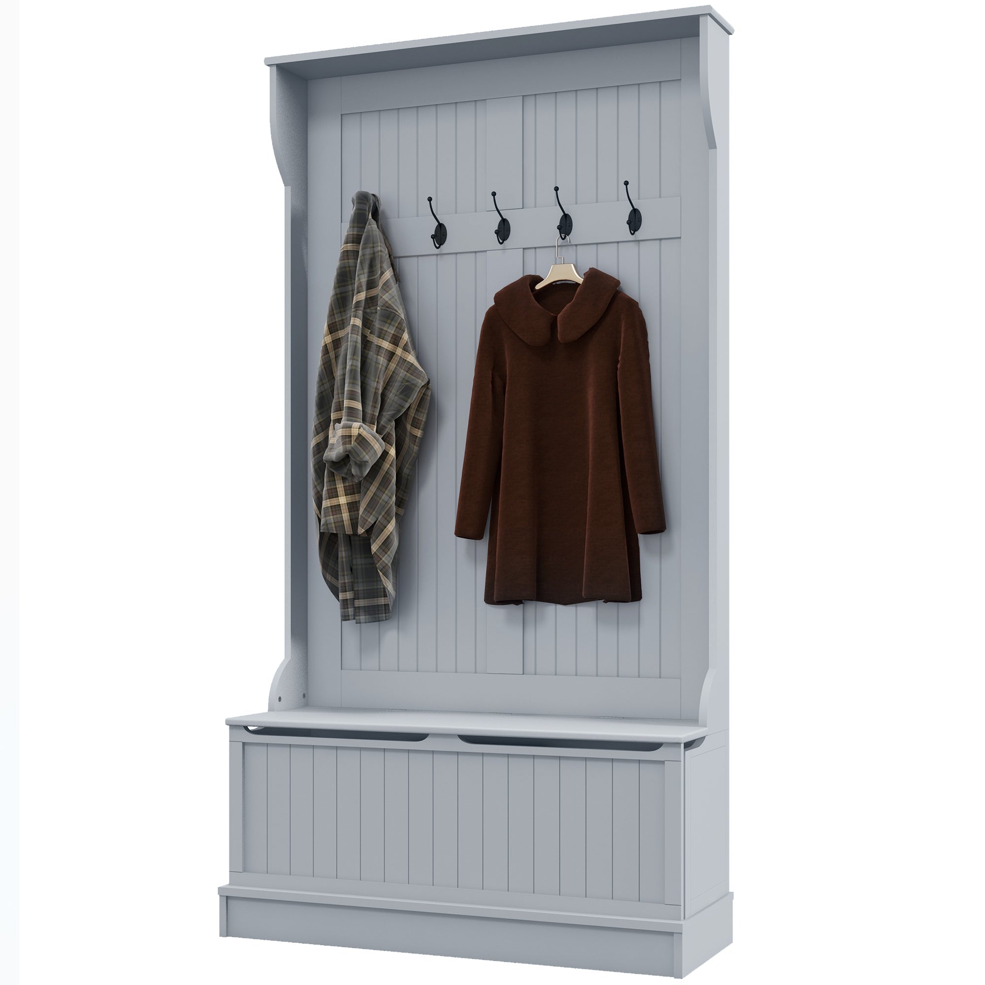 HOMCOM Modern 3-In-1 Entryway Hall Tree with Coat Rack, Bench and Shoe Storage, 5 Hooks for Hallway, Living Room, Grey 