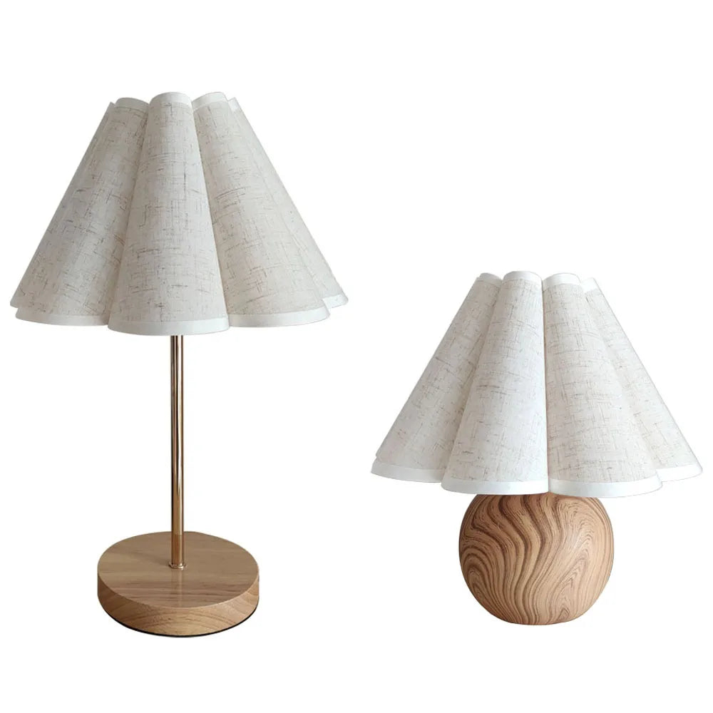 Simple Design Wood Table Lamp with 3 Color Options - Korean Style White Linen Round Bedside Desk Lamp for Home and Bedroom Decor