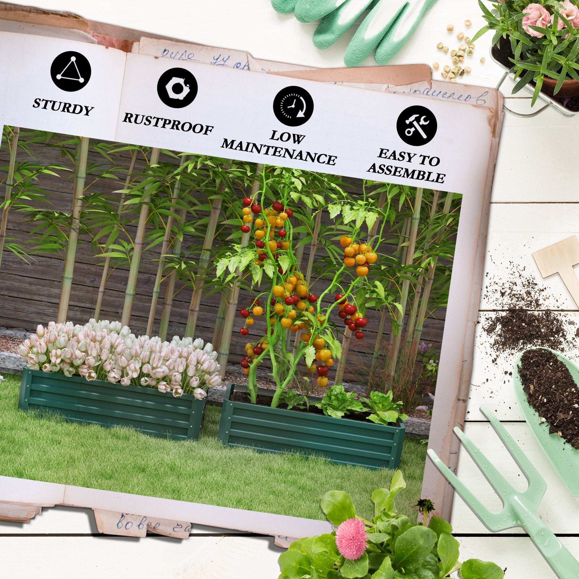 Outsunny Outdoor Galvanized Raised Garden Beds in Green - Set of 2 Planter Boxes for Flowers, Herbs & Vegetables 