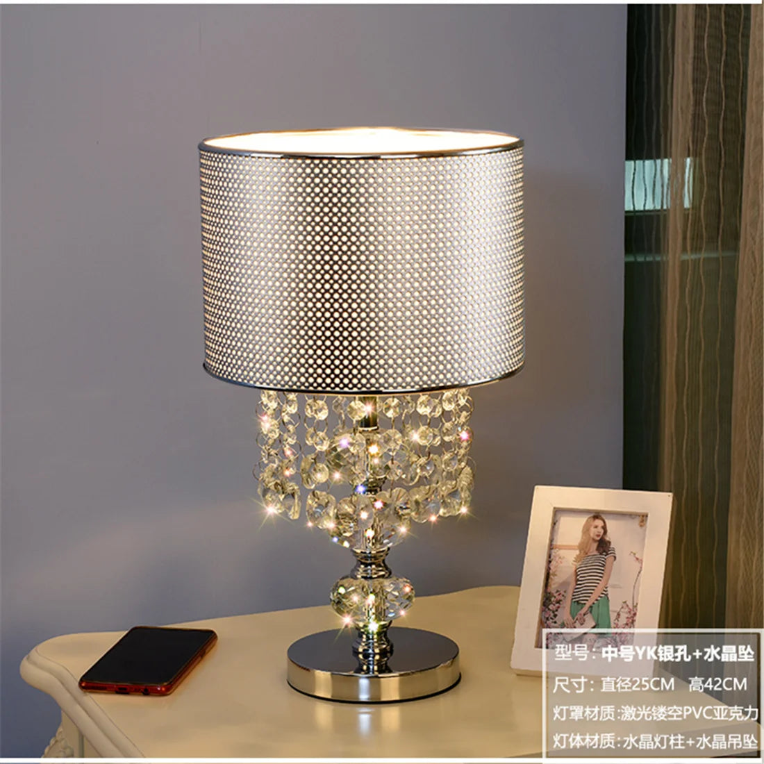 American Luxury Crystal Gourd Table Lamp – Silver PVC Shade, LED Light, for Living Room, Bedroom, Bedside, Study, Desktop Decoration 