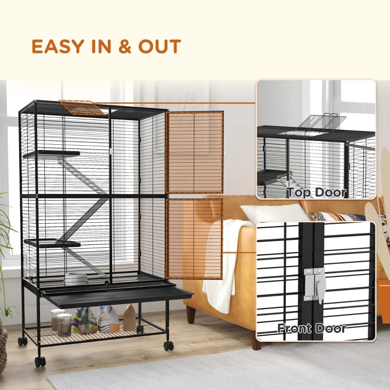 Rolling Small Animal Cage 54"H Chinchilla Cage for Ferrets, Squirrels w/ Removable Tray, Storage Shelf, Black