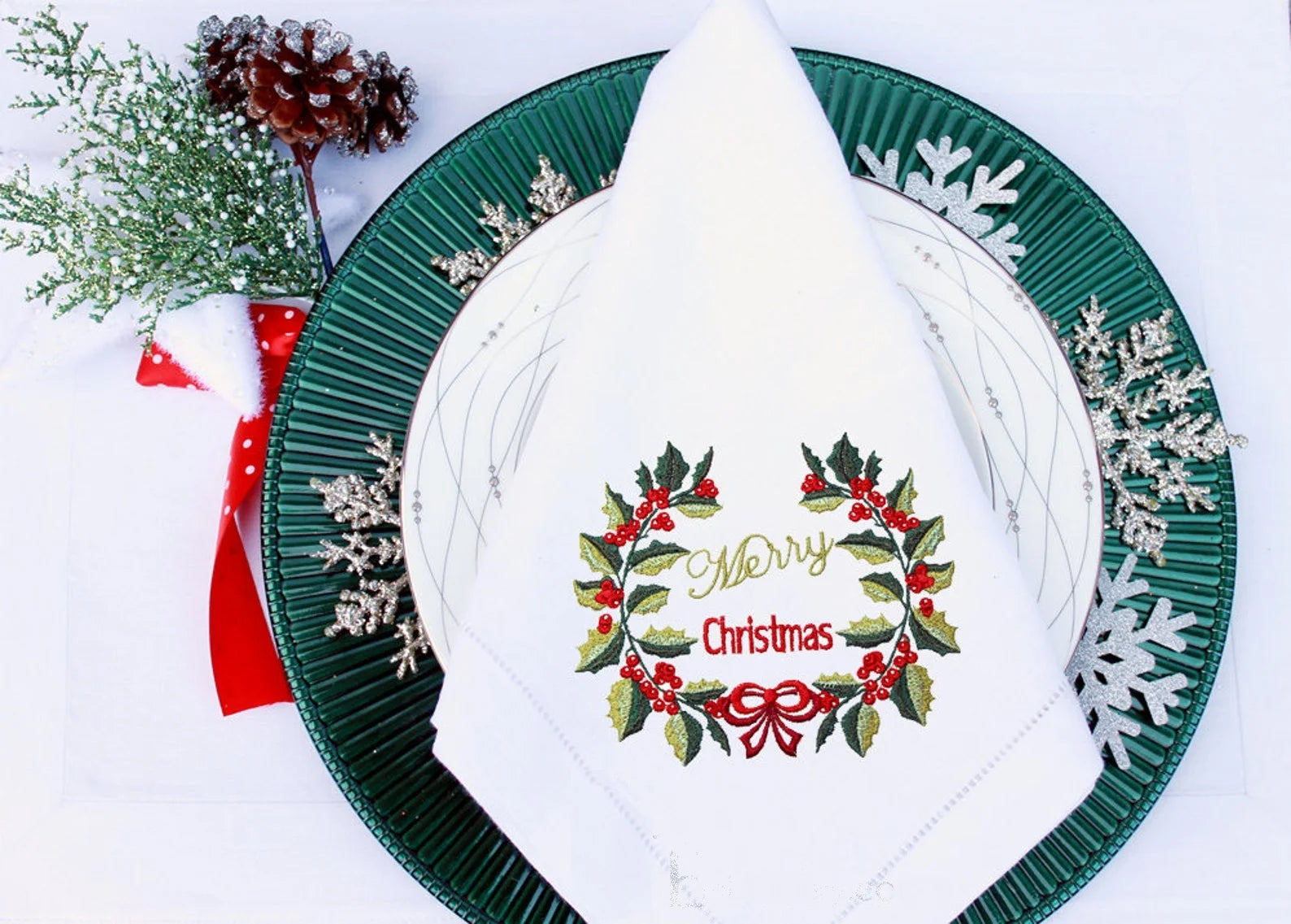 Christmas Monogram Embroidery Napkin, Placemat, Hemstitch, Cotton+Linen, Table Decoration, Holly Berries Monogram / Merry Christ 