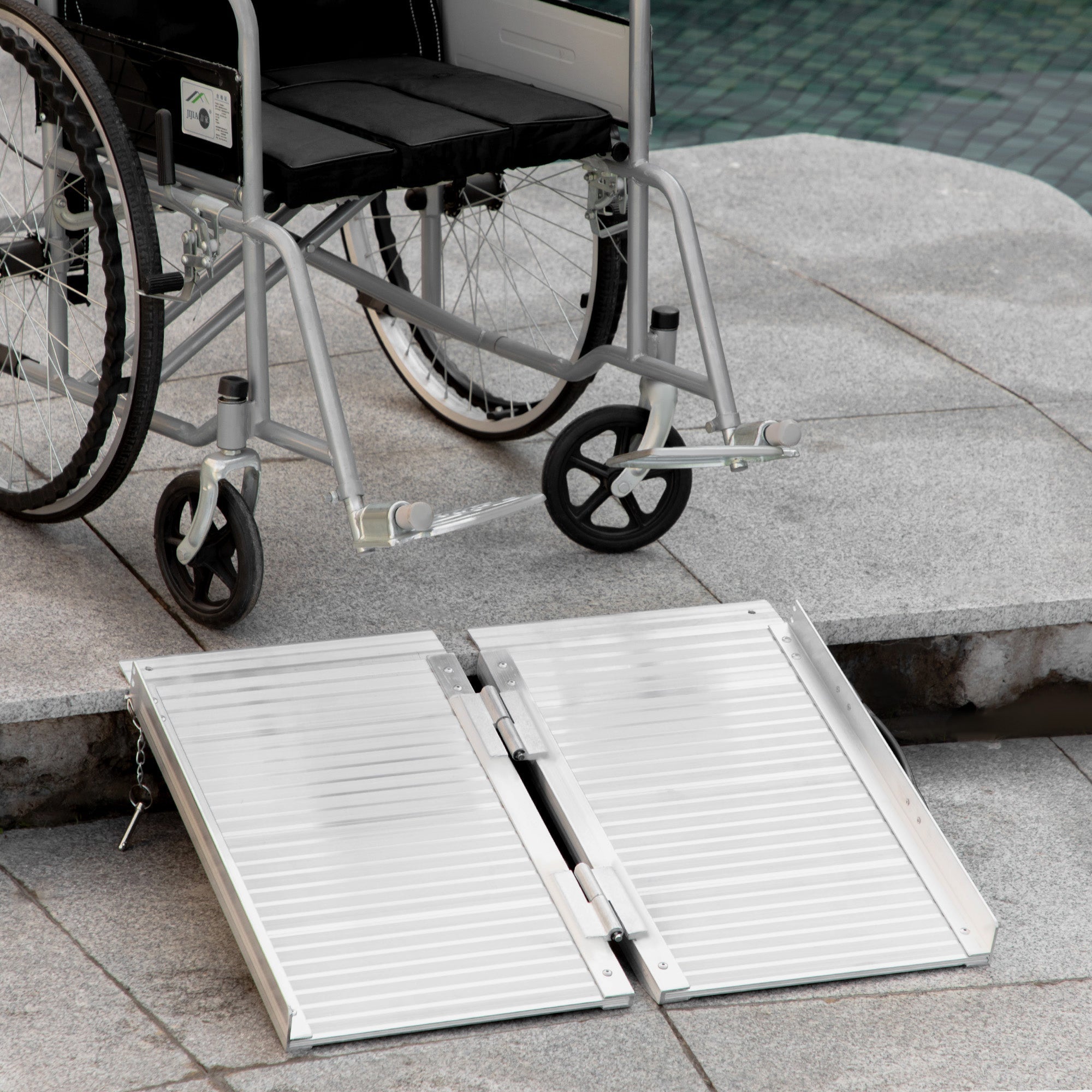 HOMCOM Textured Aluminum Folding Wheelchair Ramp, Portable Threshold Ramp 2', for Scooter Steps Home Stairs Doorways 
