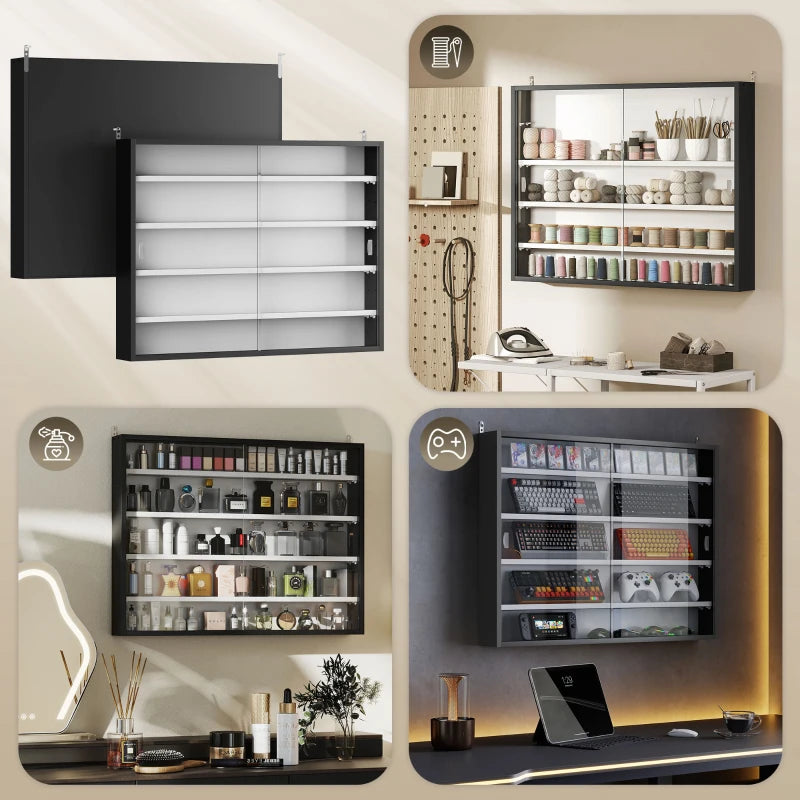 5-Tier Display Cabinet, Shot Glass Display Case, Glass Curio Cabinet with 2 Glass Doors and 4 Adjustable Shelves, Black
