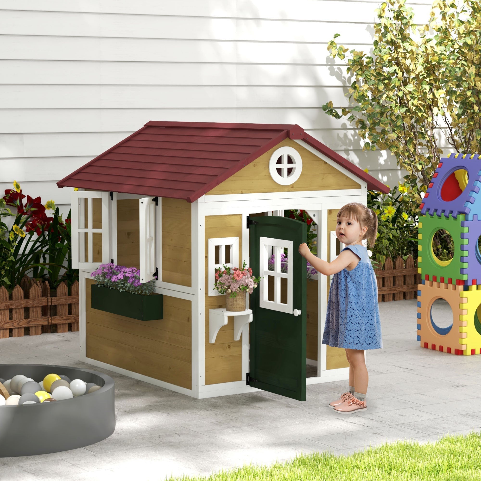 Outsunny Wooden Playhouse for Kids Outdoor with Door, Windows, Planter Pots and Boxes for Toddlers 3-8 Years, Beige 