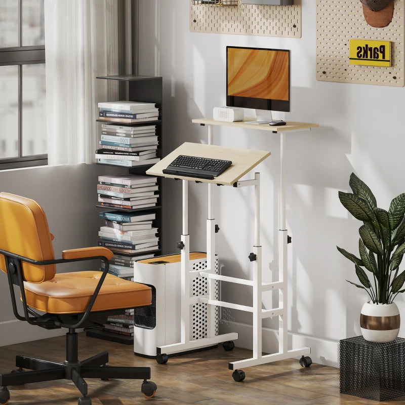Stand Up Desk, Height & Angle Adjustable Computer Desk with Wheels for Standing or Sitting, Laptop Table, Natural