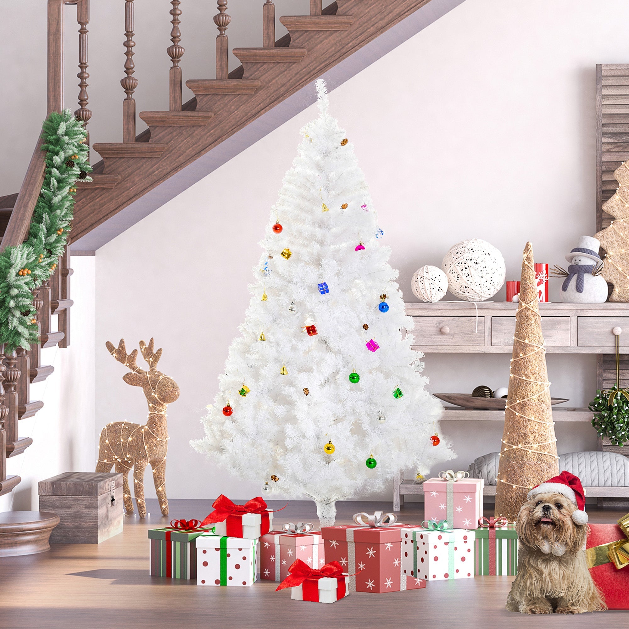 HOMCOM 6ft White Artificial Christmas Tree - Indoor Xmas Holiday Décor with Ornaments, Perfect for Festive Season 