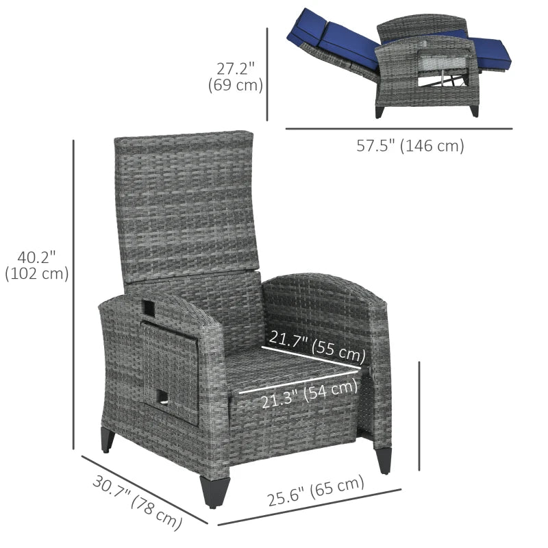 Outdoor Recliner Chair with Adjustable Backrest and Footrest, Washable Cushion, Side Tray, Dark Blue