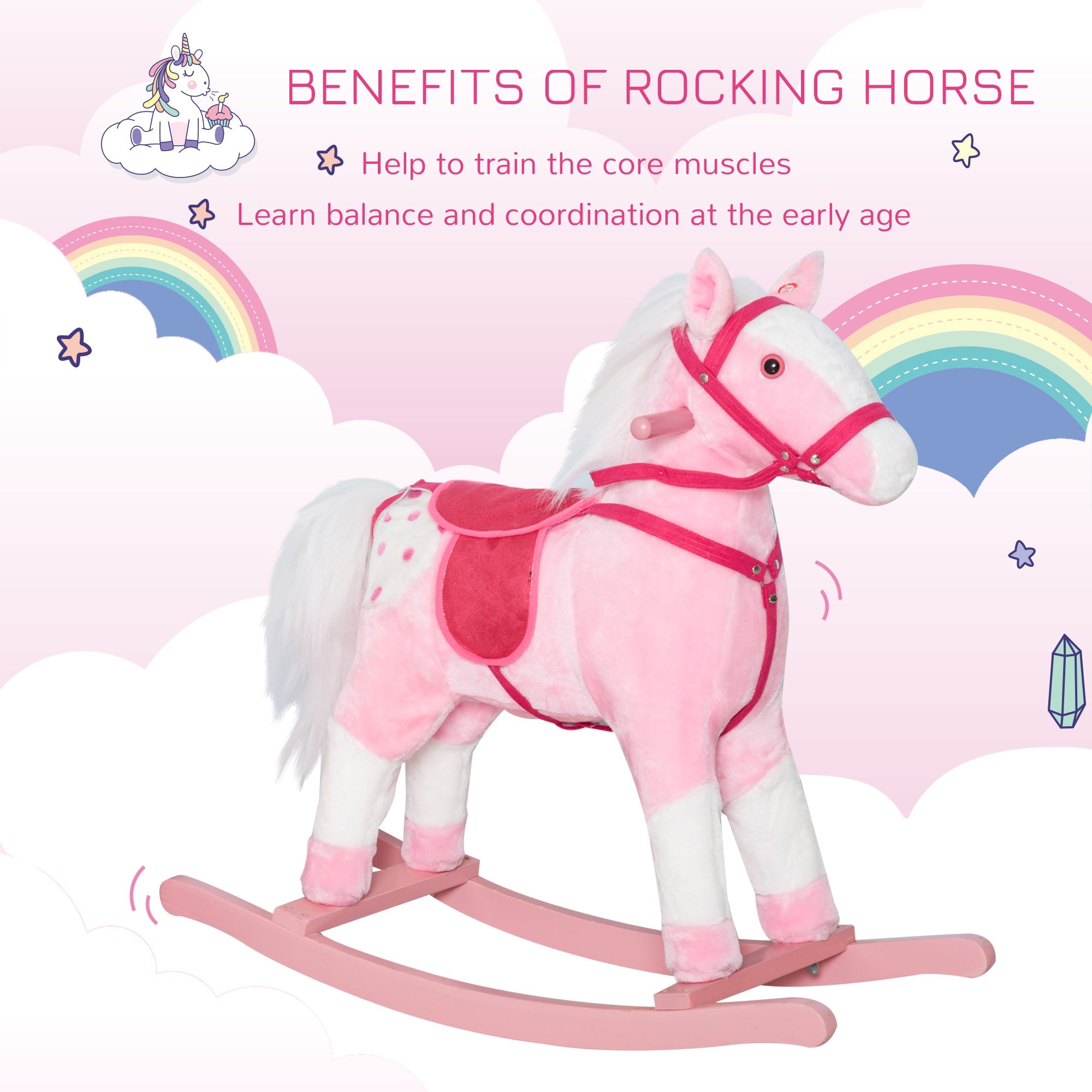 Qaba Rocking Plush Horse Poney Pony Children Kid Ride on Toy w/ Realistic Sound (Light Pink) 