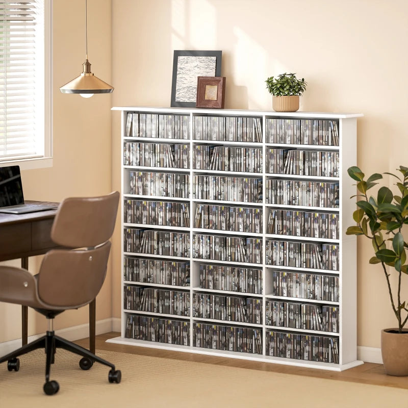 Media Storage Cabinet, 8-Tier DVD Shelf with 18 Adjustable Shelves, Holds 1032 CDs, 594 DVDs or Blu-rays, White