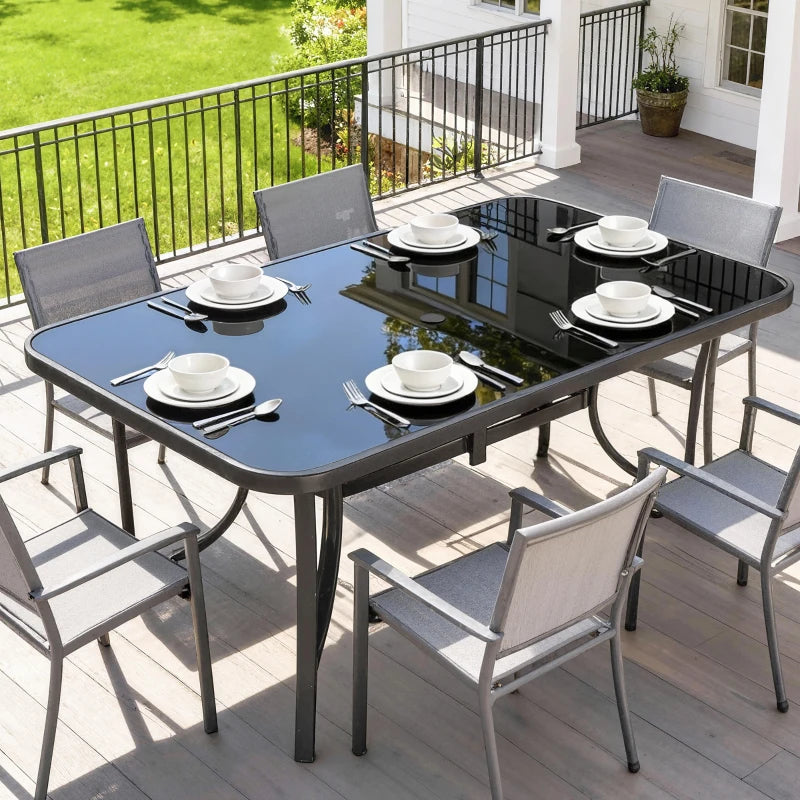 Outdoor Dining Table for 6 with Umbrella Hole, Metal Patio Dining Table with Tempered Glass Top
