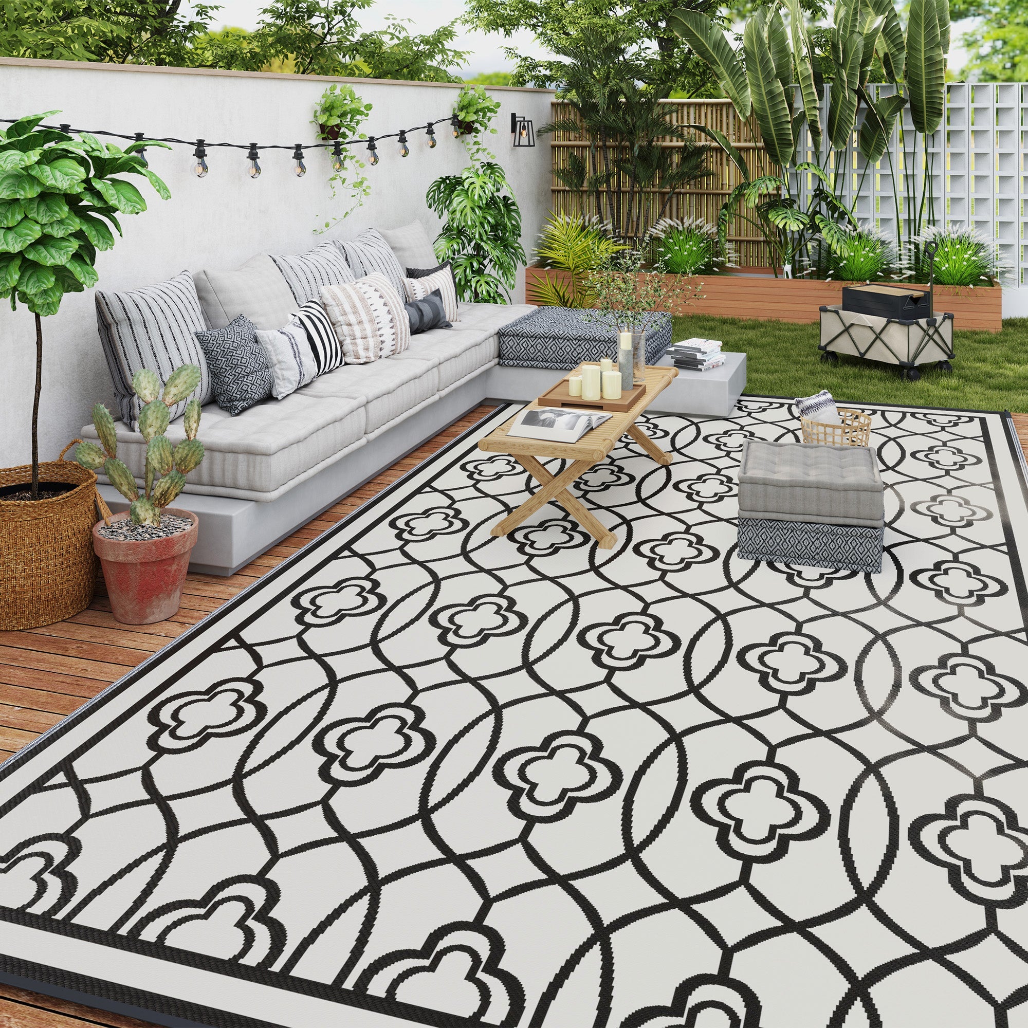 Outsunny 9' x 18' Outdoor RV Rug, Reversible Patio Floor Mat with Carry Bag, Lantern, Black and White 