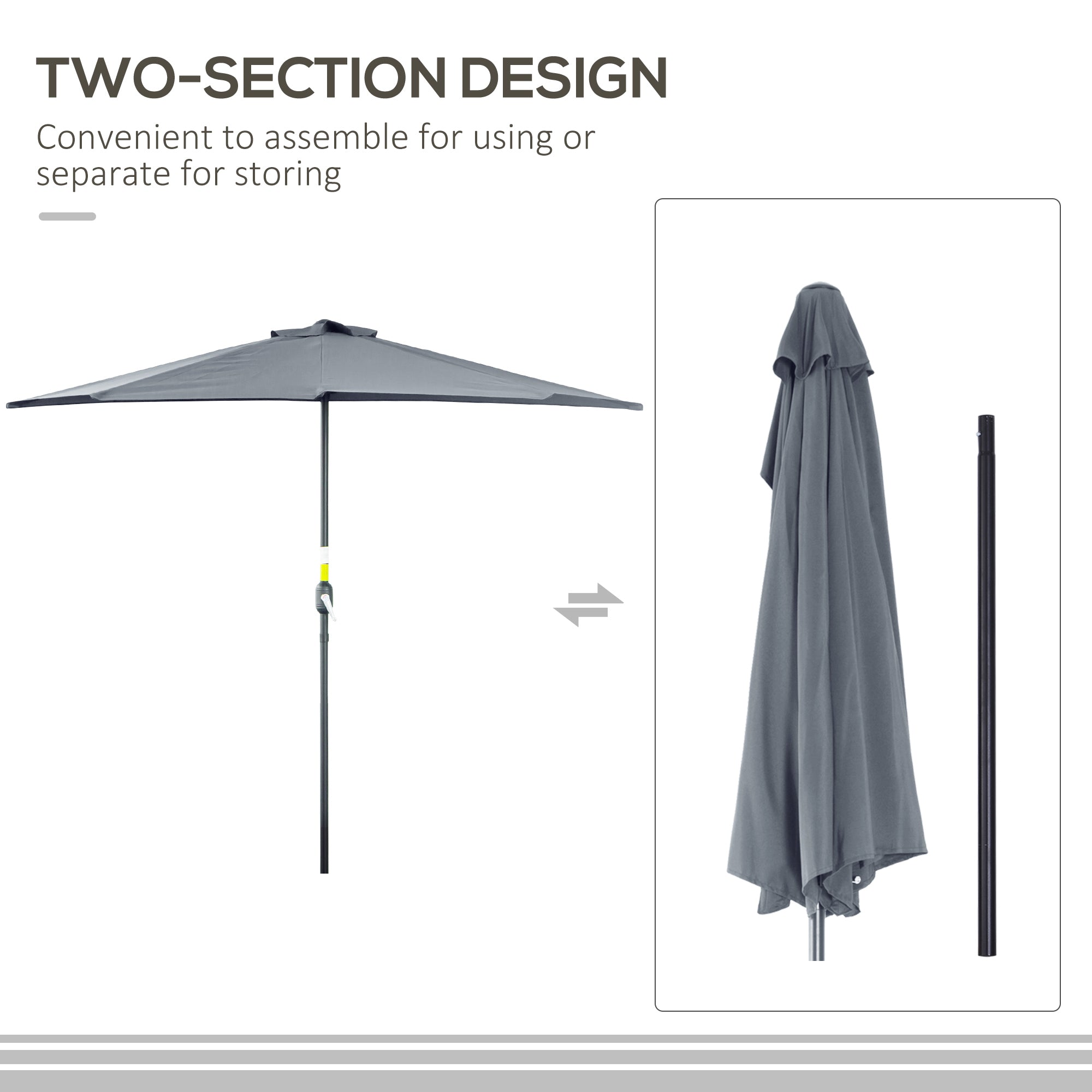Outsunny 9' Half Round Balcony Parasol Patio Garden Outdoor Window Sun Shade 5 Ribs Grey 