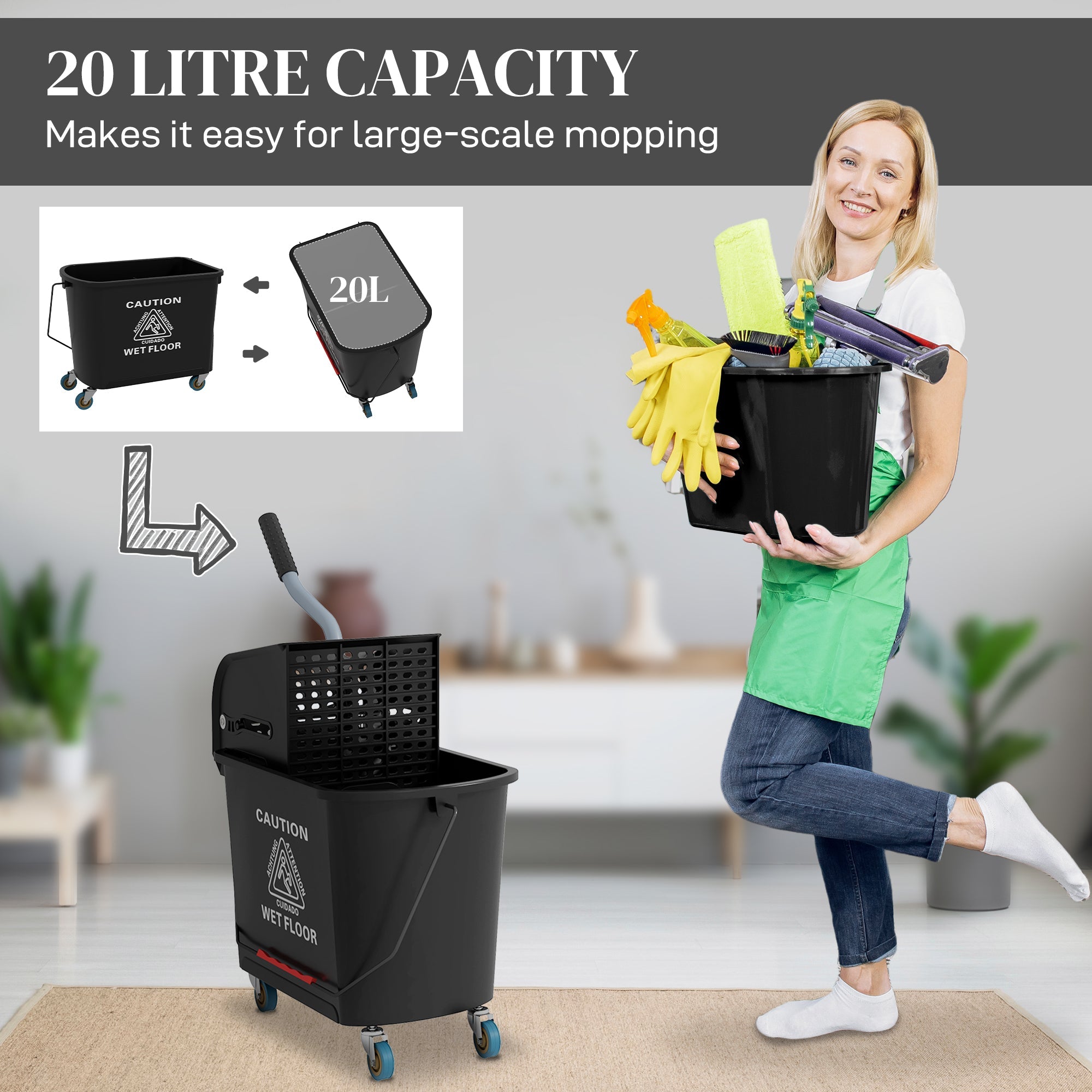 HOMCOM Mop Bucket with Wringer, Mop Bucket on Wheels for Floor Cleaning, 5 Gallon, Separate Dirty and Clean Water, Black 