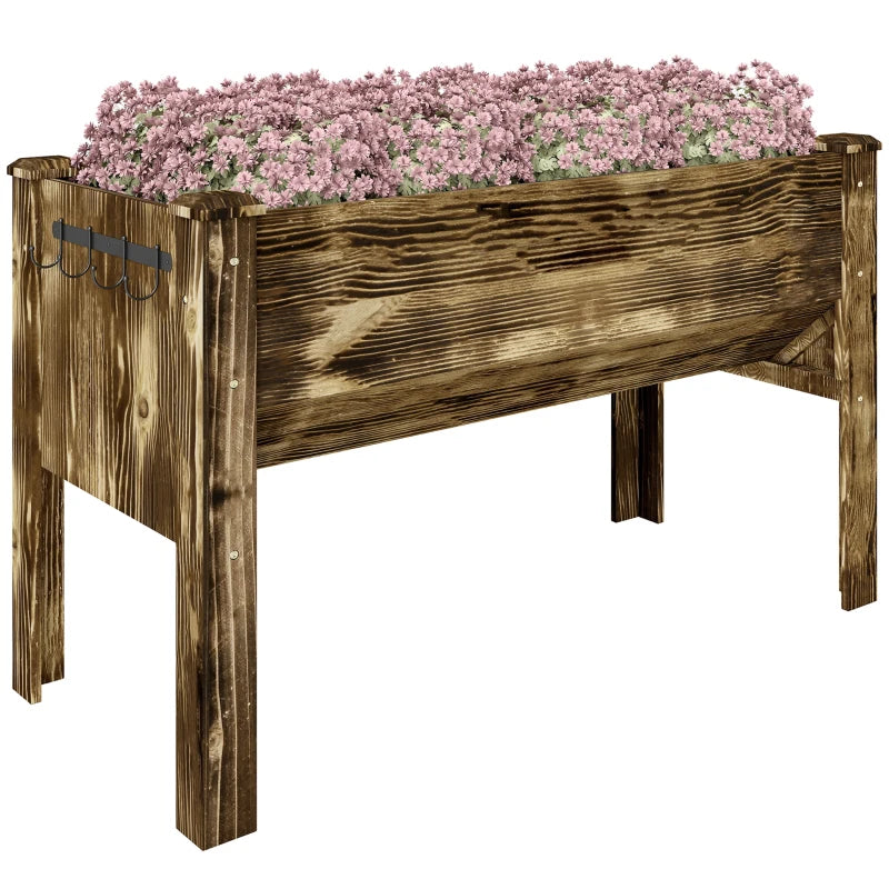 Wooden Raised Garden Plant Stand Outdoor Tall Flower Bed Box with Hooks, 48" x 24" x 32", Carbonized