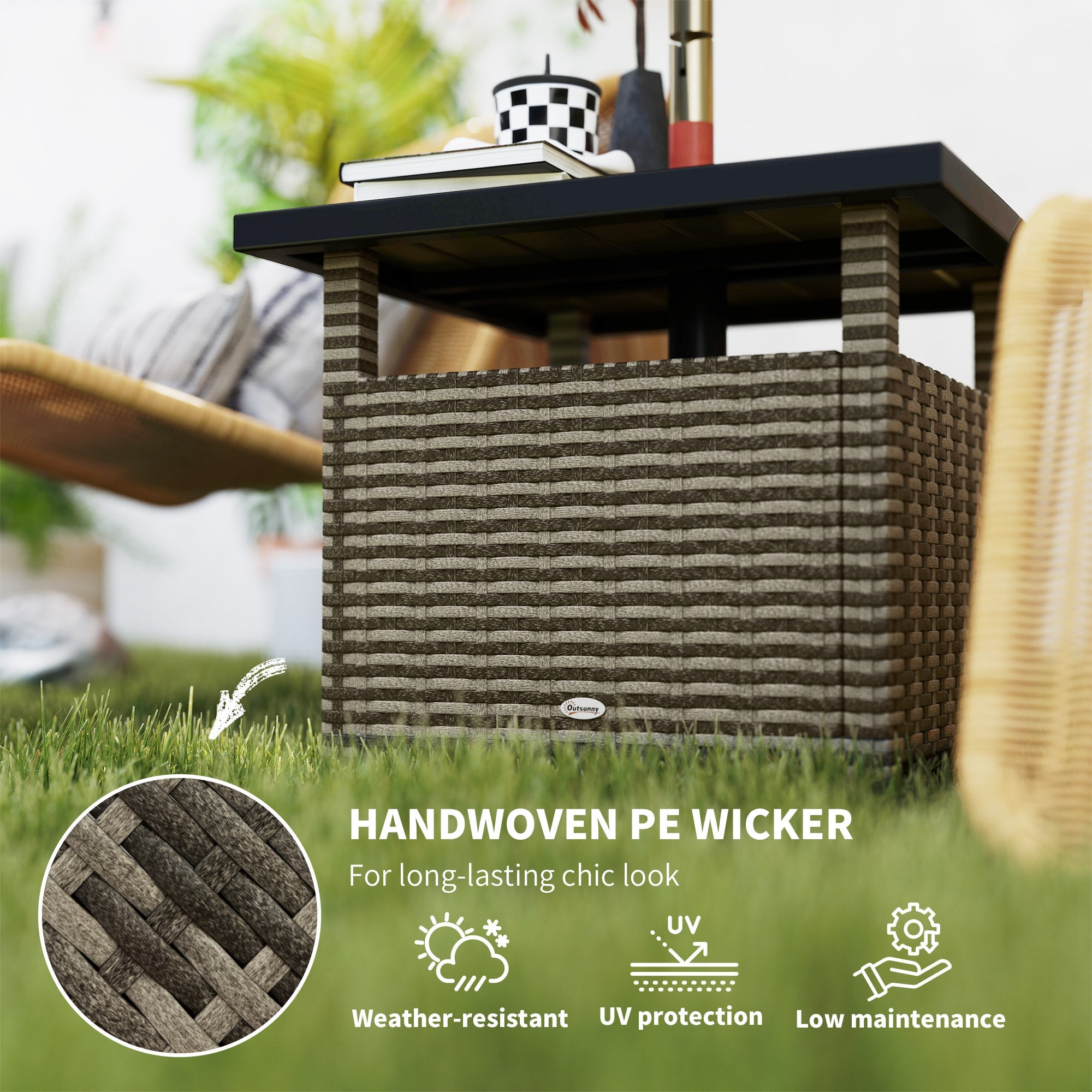 Outsunny 22" Square Steel PE Rattan Wicker Table With Umbrella Hole, Outdoor Patio Accent Dining Side Table Used as Umbrella Stand, Mixed-Grey 