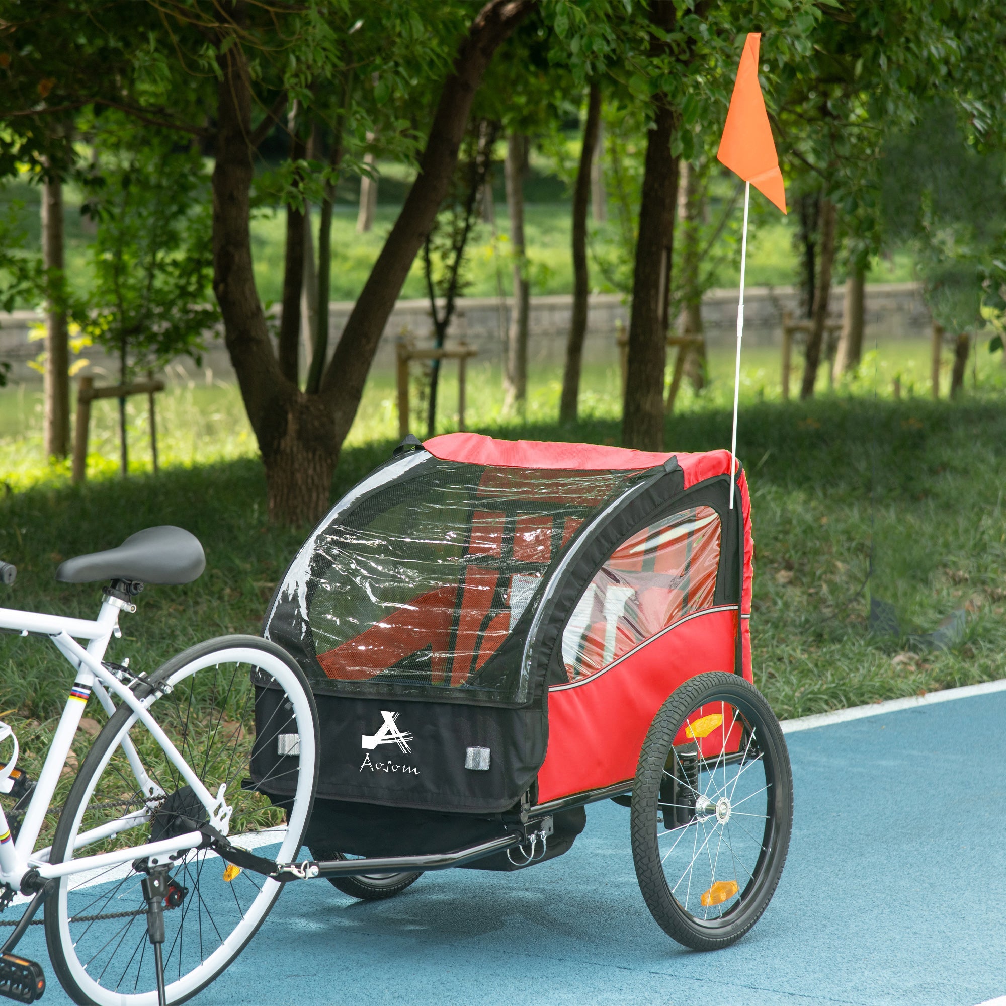 Aosom 2 Seat Bike Trailer for Kids, Baby Stroller with Storage Bag, 5 Point Harness, Bicycle Trailer with 20" Wheels, Red 