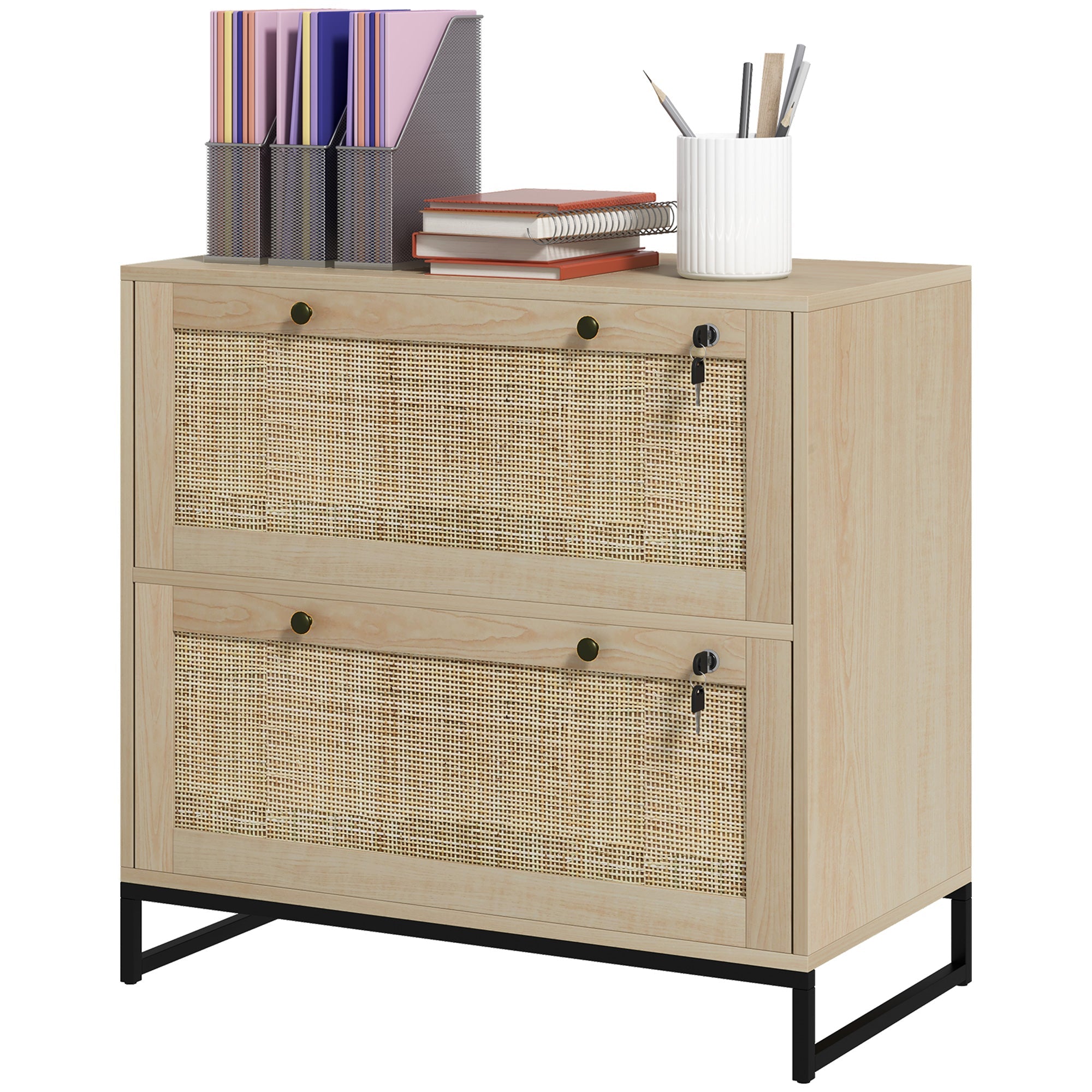 Vinsetto Boho Lockable 2 Drawer File Cabinet Adjustable Bar for Letter A4 Legal Size Natural Office Storage 