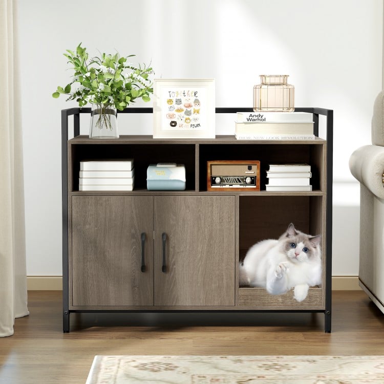 Hidden Cat Washroom with Double Doors and Scratch Cardboard-Oak