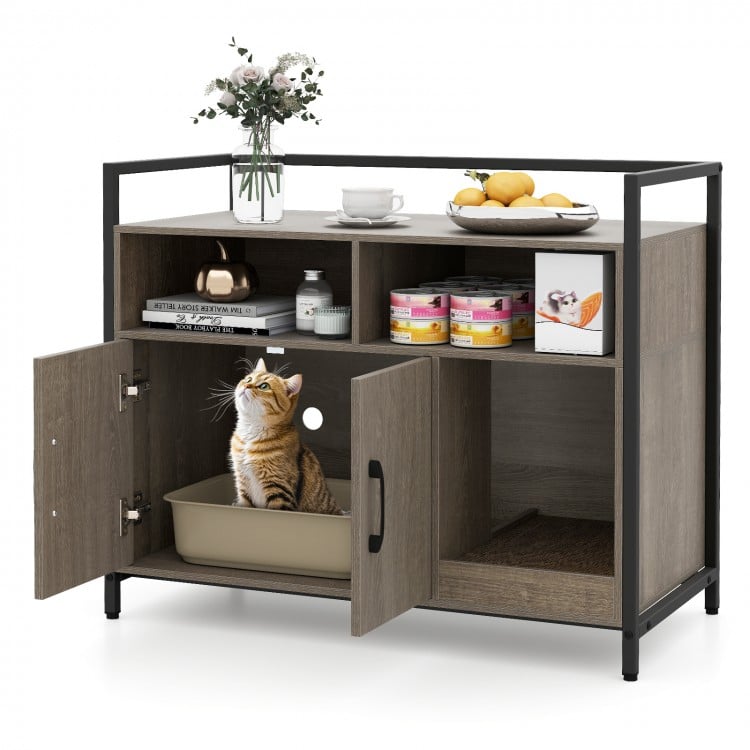 Hidden Cat Washroom with Double Doors and Scratch Cardboard-Oak