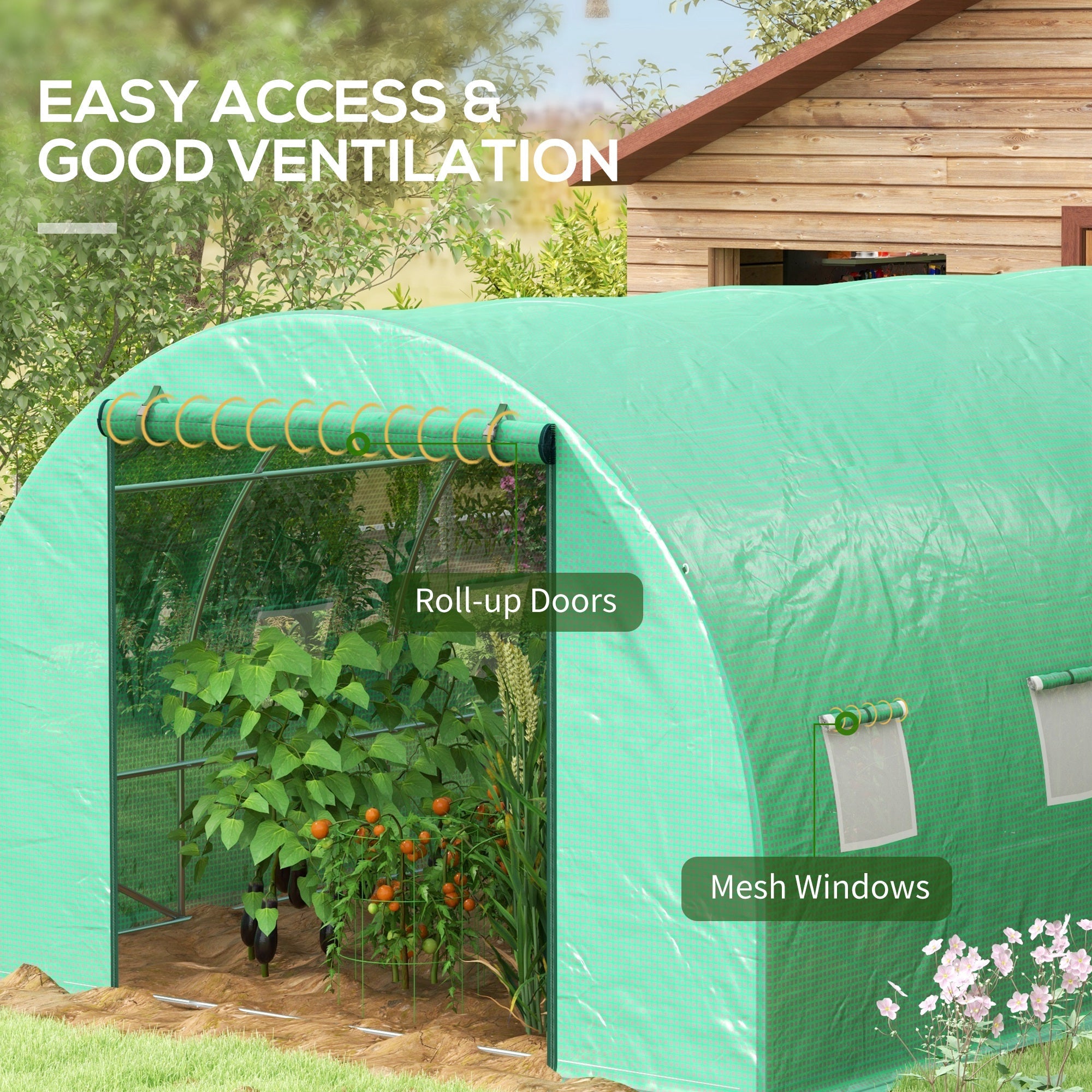 Outsunny 20'x10' Walk-In Greenhouse Sprinkler System Tunnel Wide Roll-Up Door 12 Mesh Windows Green 