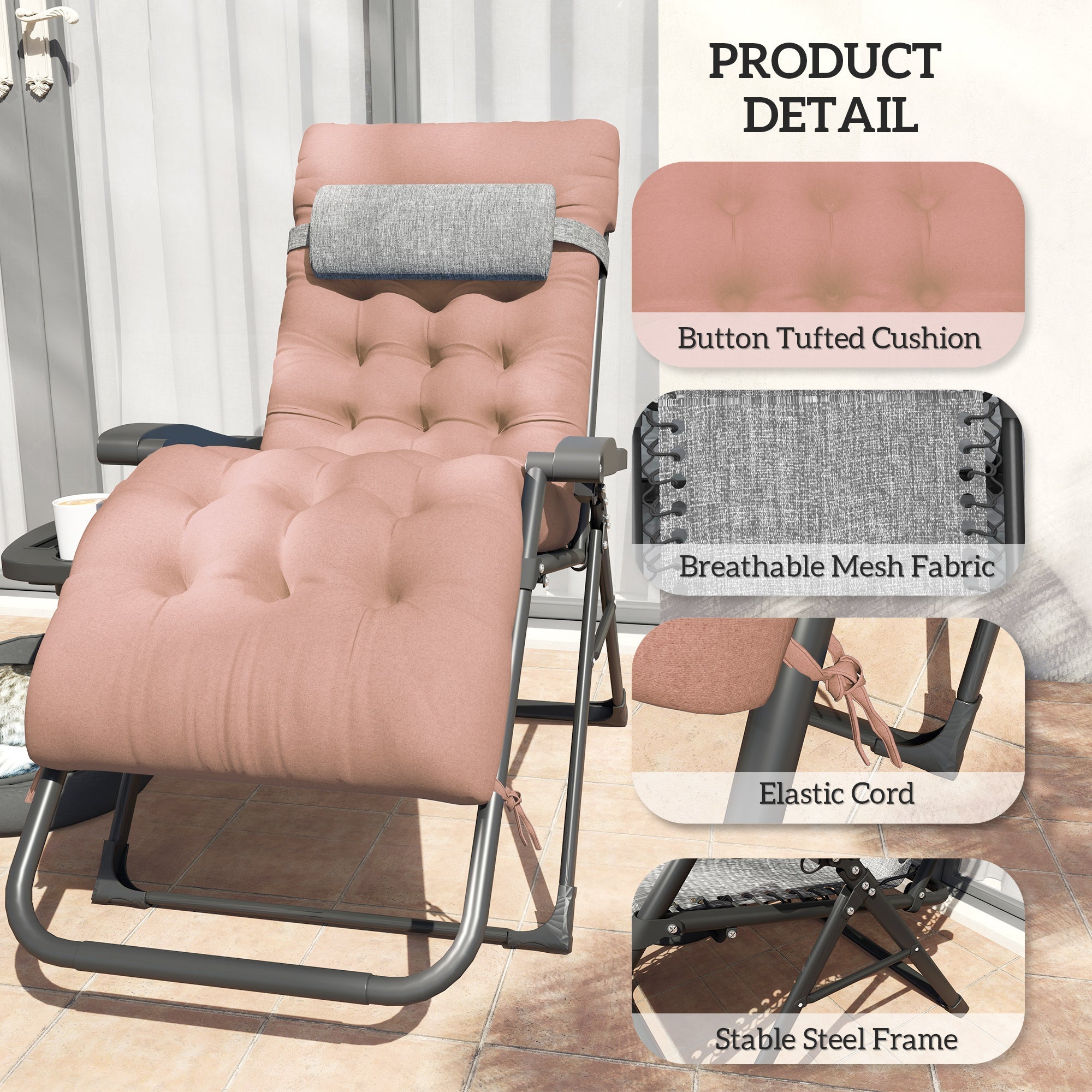 Outsunny Padded Folding Recliner Chair, Patio Lounger with Cupholder, Adjustable Backrest, Removable Cushion, Khaki 