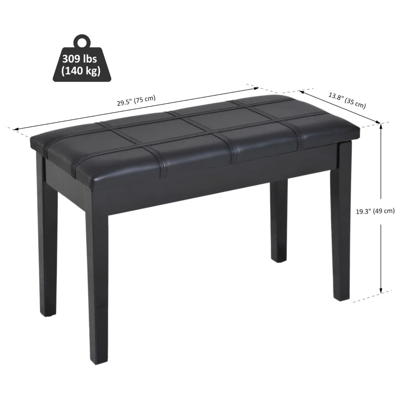 Classic Piano Bench Stool, PU Leather Padded Keyboard Seat with Rubber Wood Legs and Music Storage Compartment, Banded Seat, Black