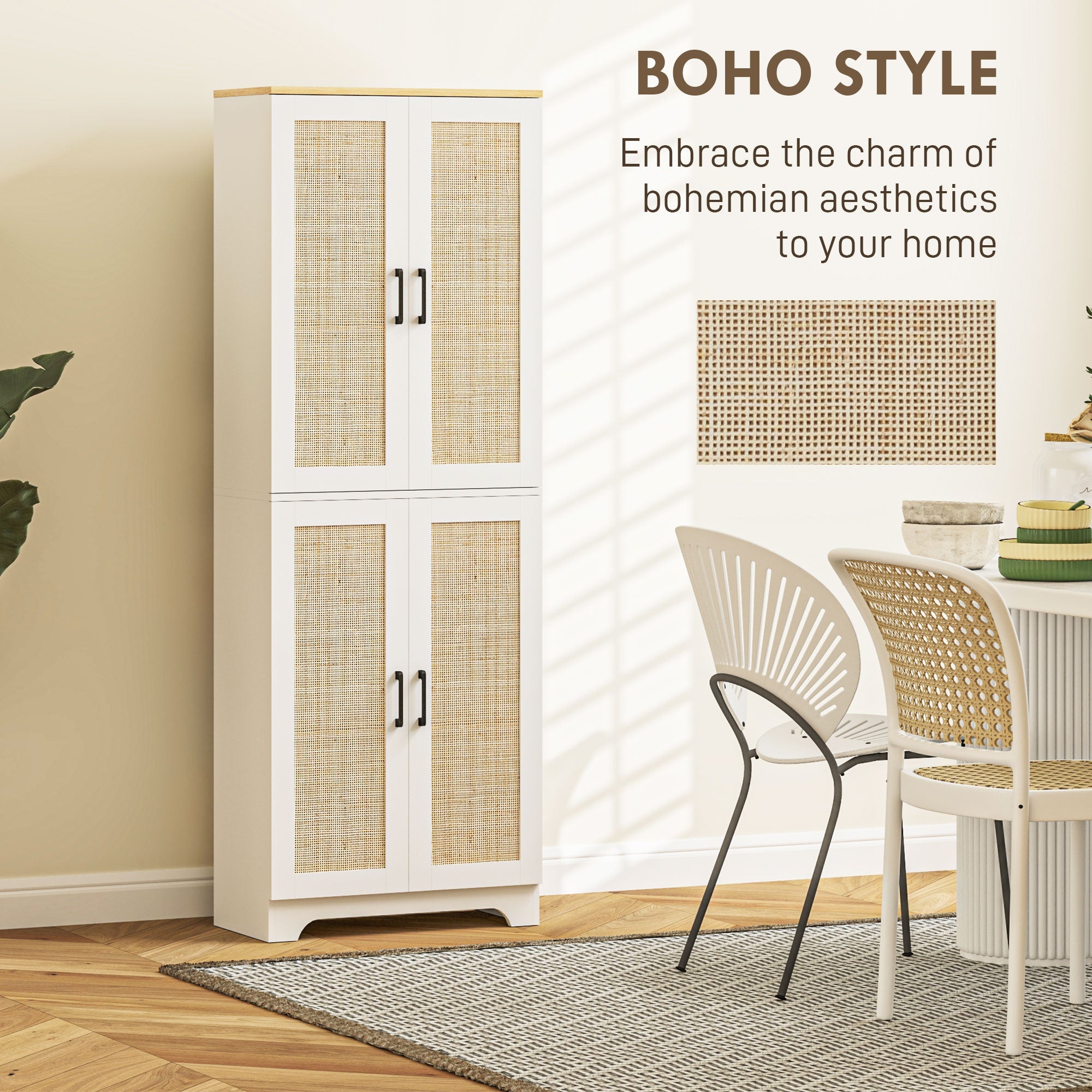HOMCOM 67" Tall Kitchen Pantry, Freestanding Kitchen Storage Cabinet with 4 Rattan Doors and Adjustable Shelves, White 