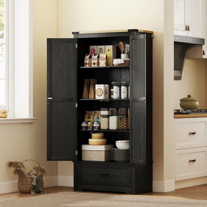 69" Tall Farmhouse Kitchen Pantry Cabinet with 2 Doors, Drawer and Adjustable Shelves, Black and Brown