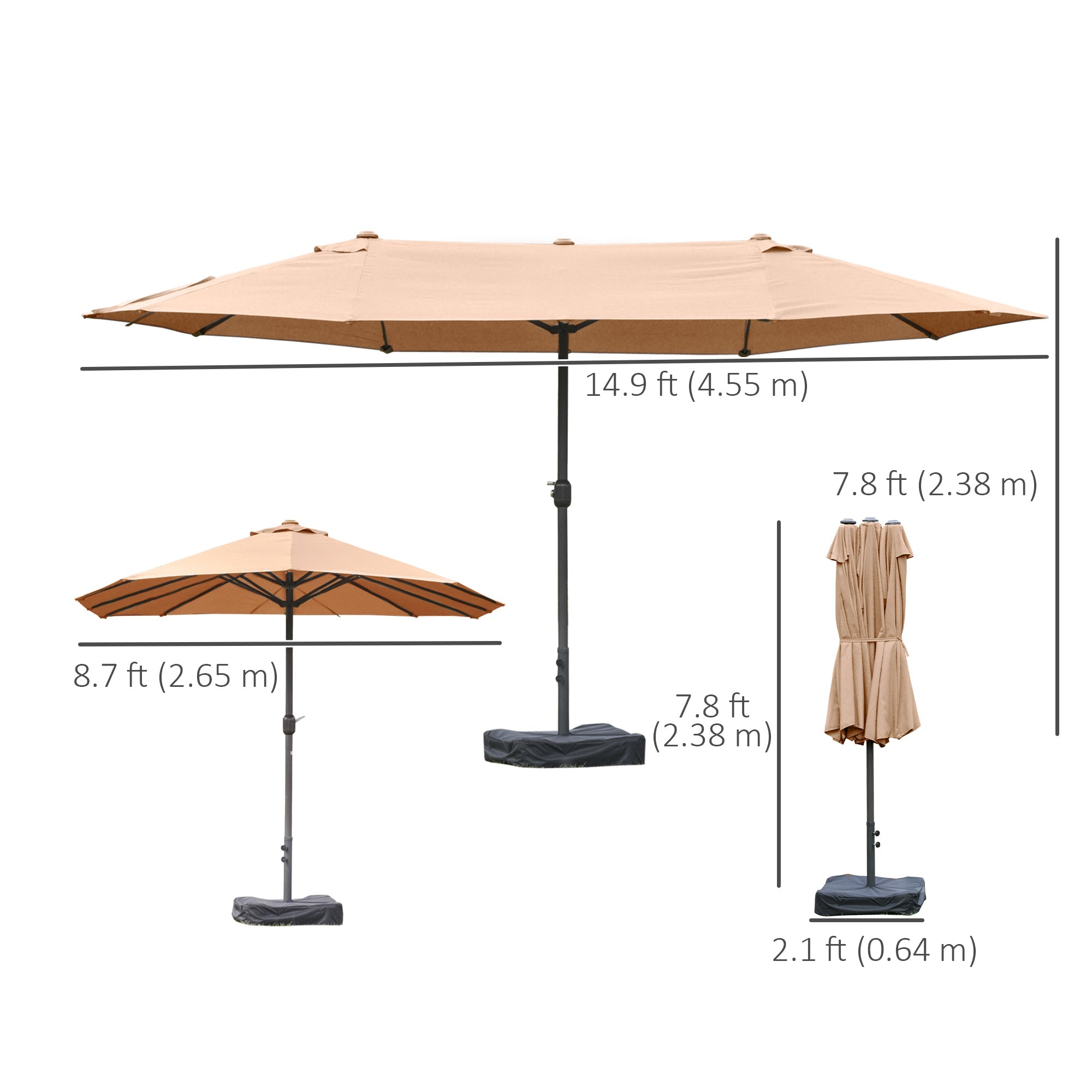 Outsunny 15' Outdoor Patio Umbrella with Twin Canopy Sunshade Steel Table Umbrella w/ Lift Crank, Cross base, Sandbag, Brown 