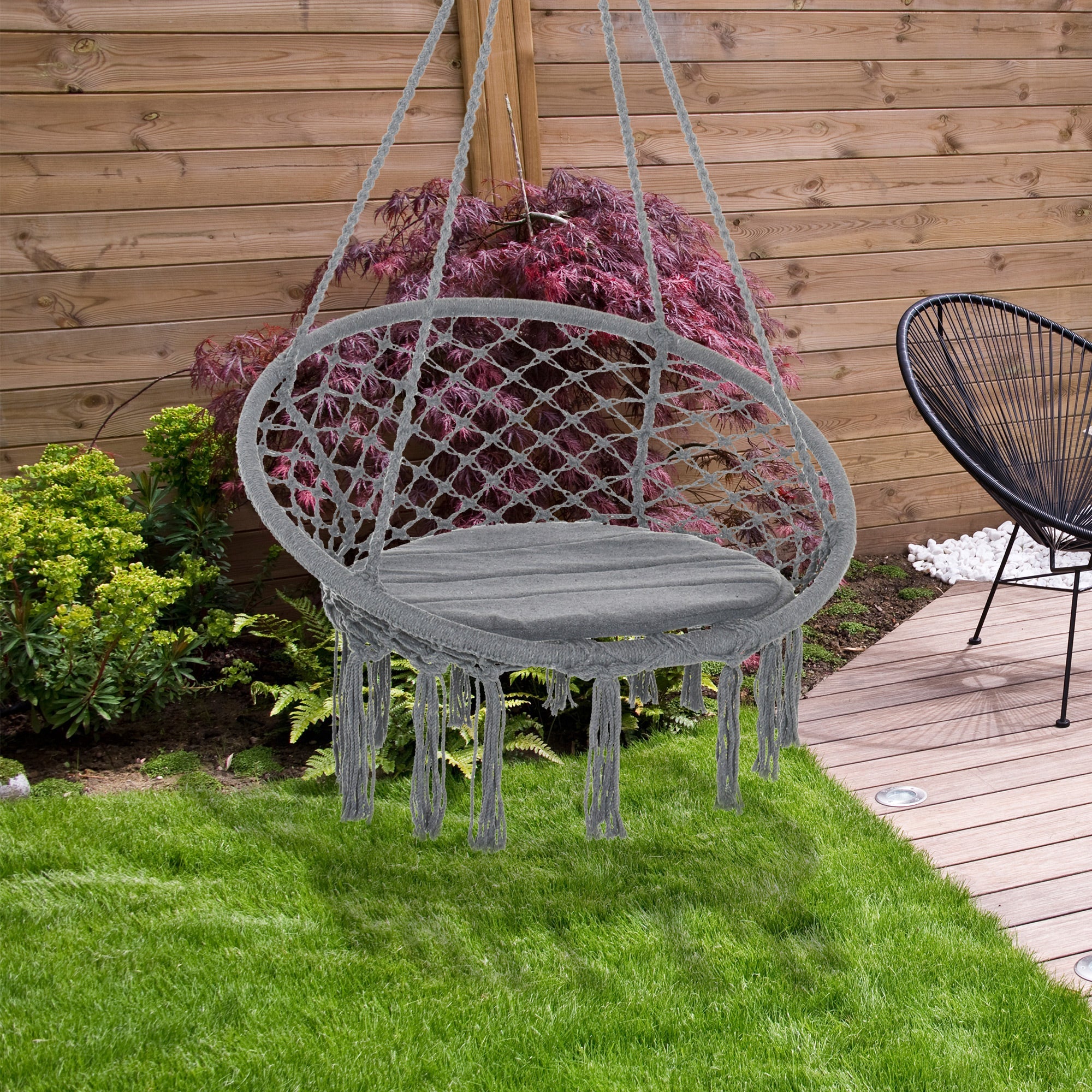 Outsunny Patio Hammock Chair, Hanging Rope Hammock Swing for Indoor & Outdoor Use with Backrest, Cotton-Polyester Blend, Fringe Tassels, Dark Grey 