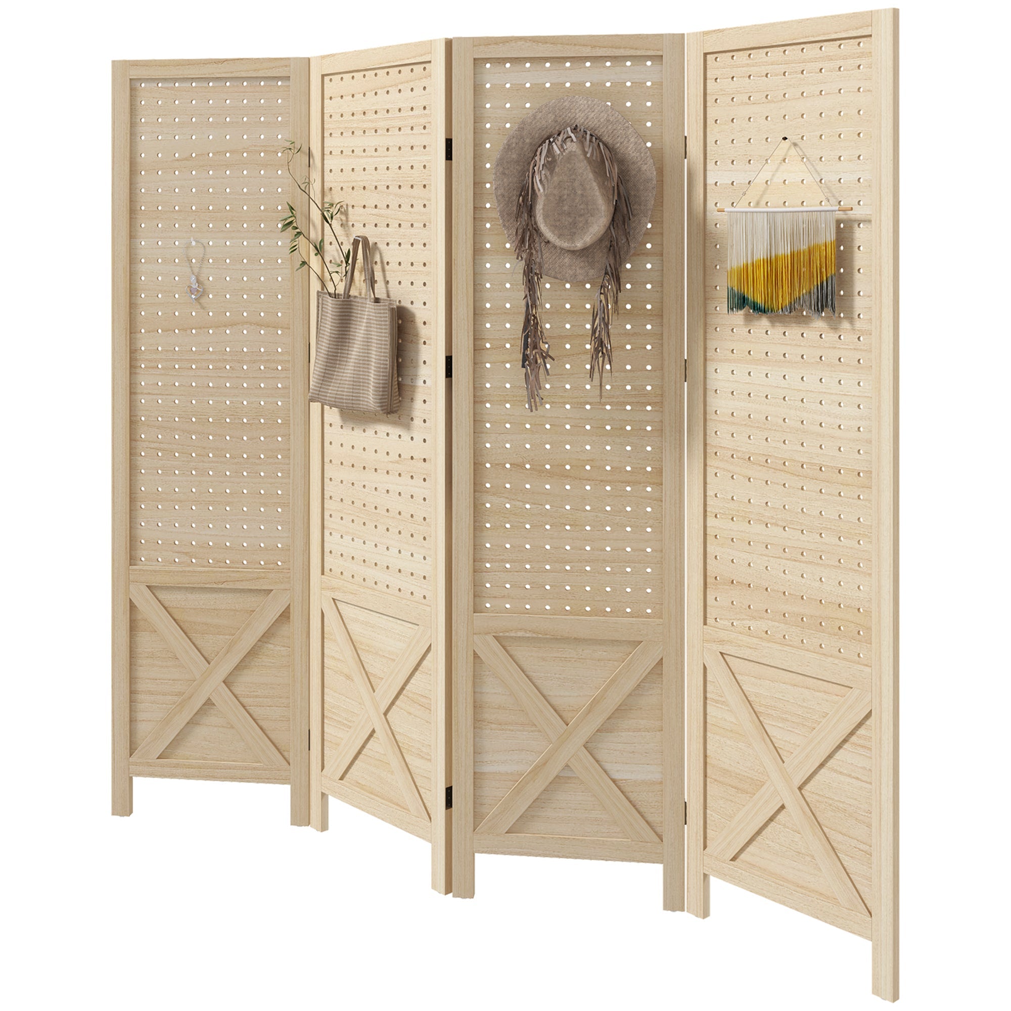 HOMCOM 4.7ft Room Separator, 4-Panel Pegboard Privacy Screen for Home Office & Studio, Wooden Material, Natural 